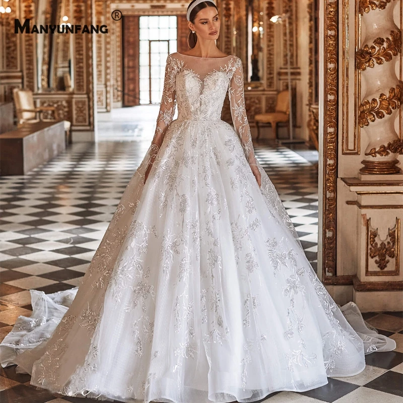 High-End O-Neck Full Sleeve Embroidery Appliques Tulle Bridal Ball Gown Luxury Lace Up Back Chapel Train Wedding Dress for Women
High-End O-Neck Full Sleeve Embroidery Appliques Tulle Bridal Ball Gown Luxury Lace Up Back Chapel Train Wedding Dress for Women