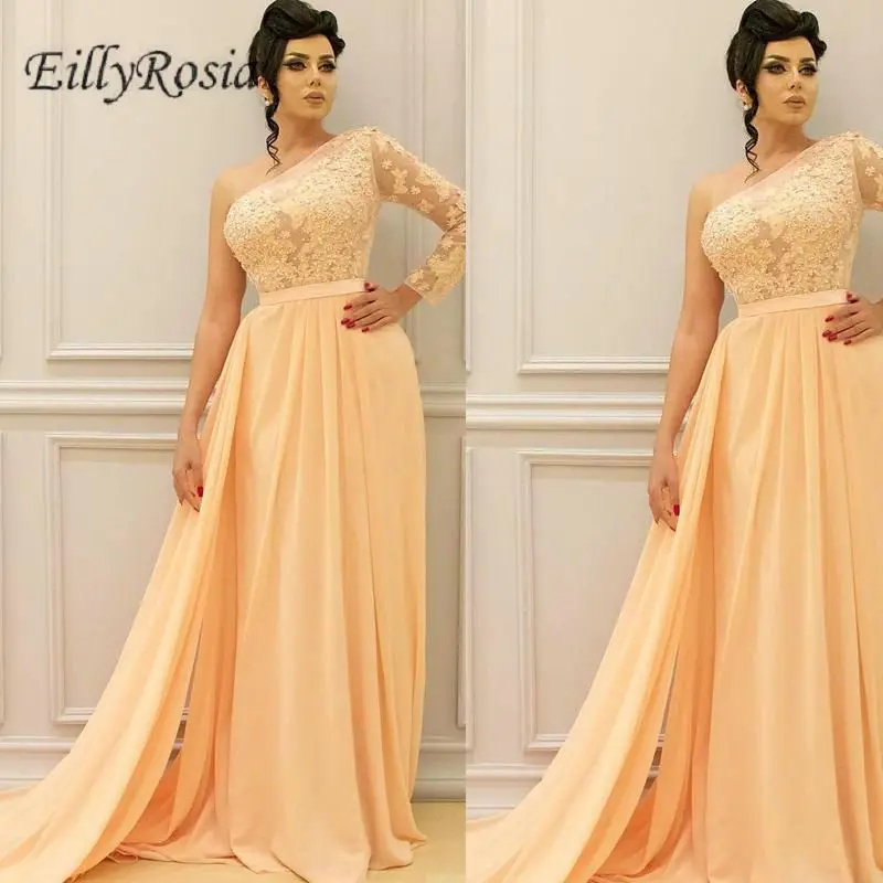 One Shoulder Chiffon Prom Dresses Illusion Long Sleeves Sequins Lace Appliques A Line Fluffy Arabic Evening Gowns with Train
One Shoulder Chiffon Prom Dresses Illusion Long Sleeves Sequins Lace Appliques A Line Fluffy Arabic Evening Gowns with Train