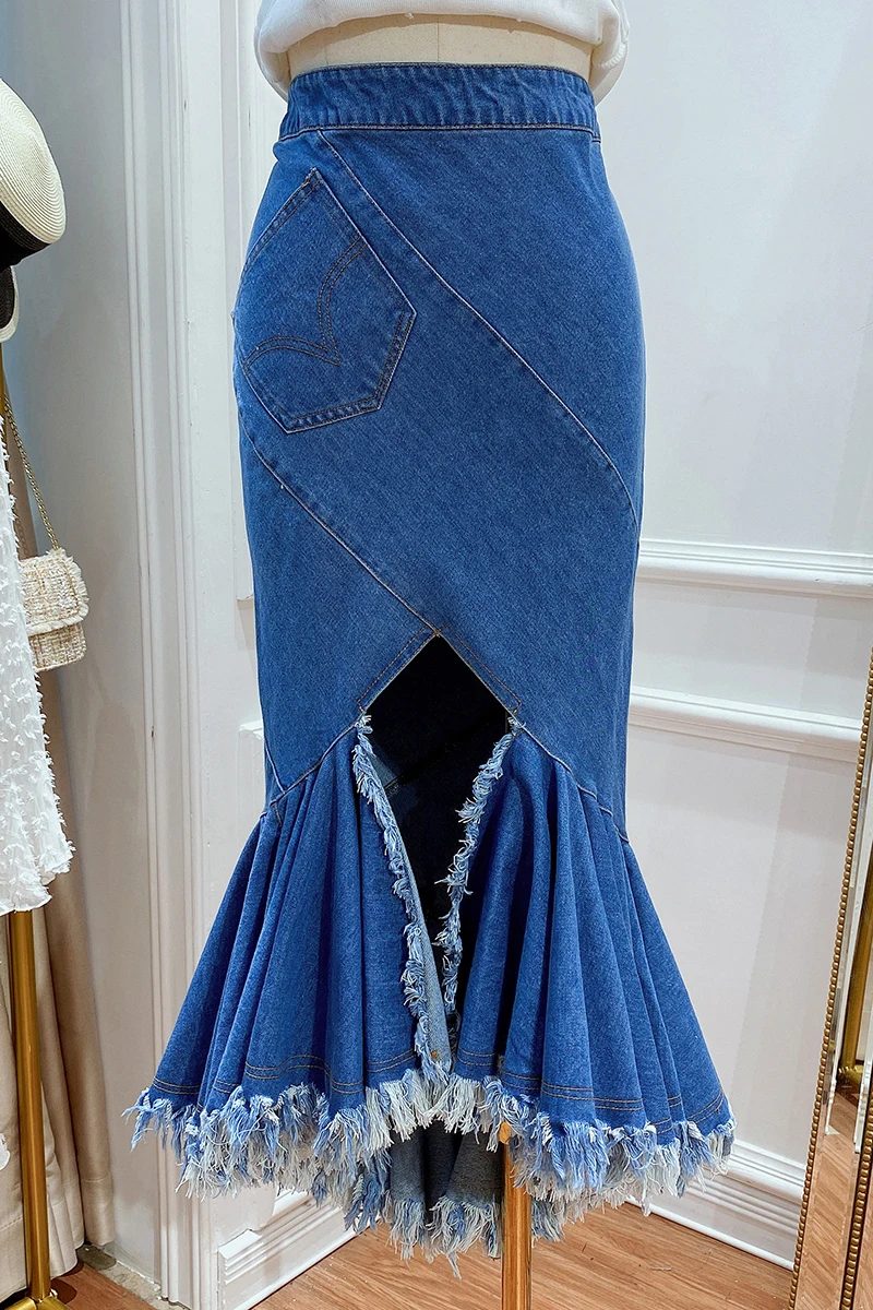 Spring 2021 Solid Color Long Split Trumpet Denim Skirt Women's Irregular Ruffled Rough Hem Hip Package Skirt Lady Fashion
Spring 2021 Solid Color Long Split Trumpet Denim Skirt Women's Irregular Ruffled Rough Hem Hip Package Skirt Lady Fashion