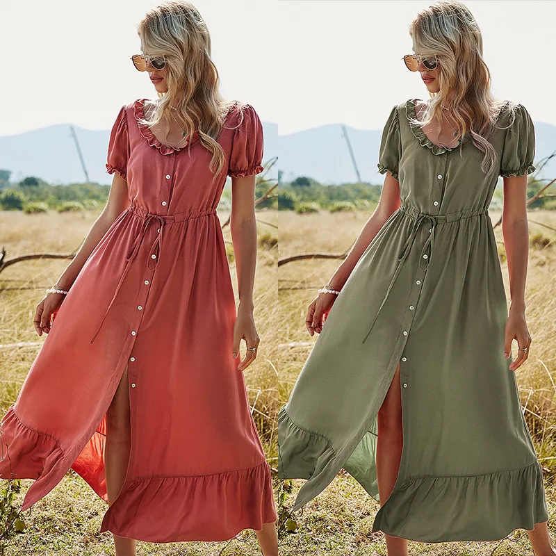 2021 new spring women's single breasted round neck solid color dress women's high waist long skirt
2021 new spring women's single breasted round neck solid color dress women's high waist long skirt