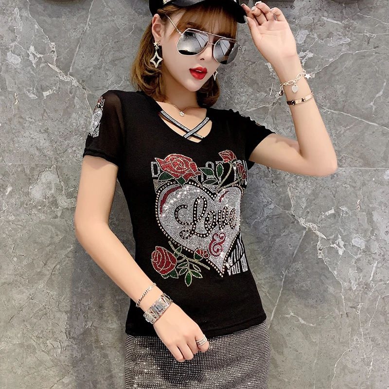 Women Yarn Patchwork T-Shirts Sexy Plus Size Summer Clothes Harajuku Letters Diamonds Drilling T shirts Cartoon Top Tees T090
Women Yarn Patchwork T-Shirts Sexy Plus Size Summer Clothes Harajuku Letters Diamonds Drilling T shirts Cartoon Top Tees T090