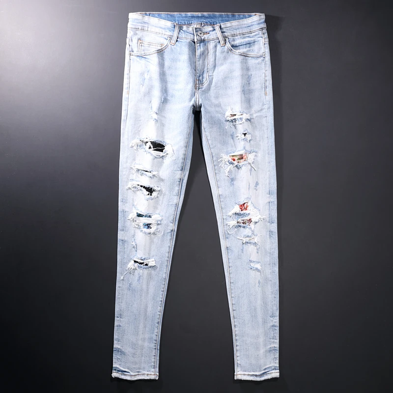 High Street Fashion Men Jeans High Quality Retro Light Blue Ripped Jeans Men Patchwork Designer Elastic Hip Hop Denim Punk Pants
High Street Fashion Men Jeans High Quality Retro Light Blue Ripped Jeans Men Patchwork Designer Elastic Hip Hop Denim Punk Pants