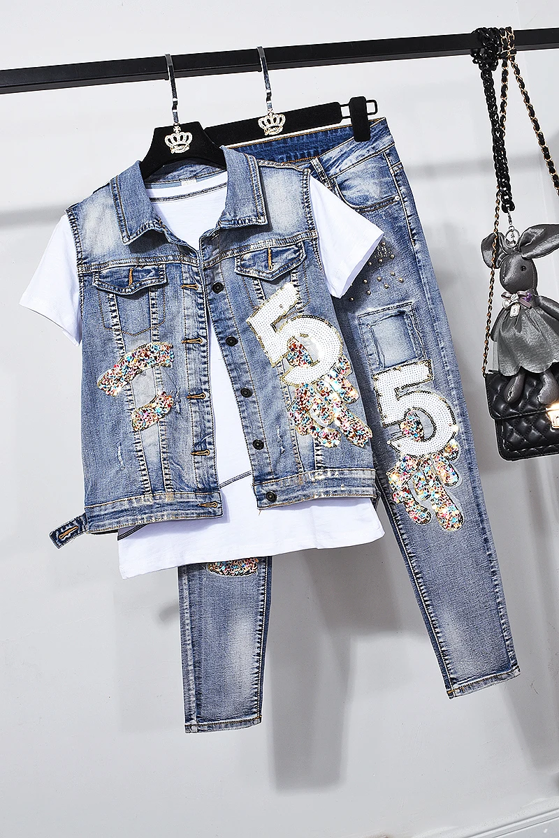 2021 Spring Summer European New Women Denim Suit Digital Sequined Gilding Denim Vest Pants Fashionable Two-Piece Outfit
2021 Spring Summer European New Women Denim Suit Digital Sequined Gilding Denim Vest Pants Fashionable Two-Piece Outfit