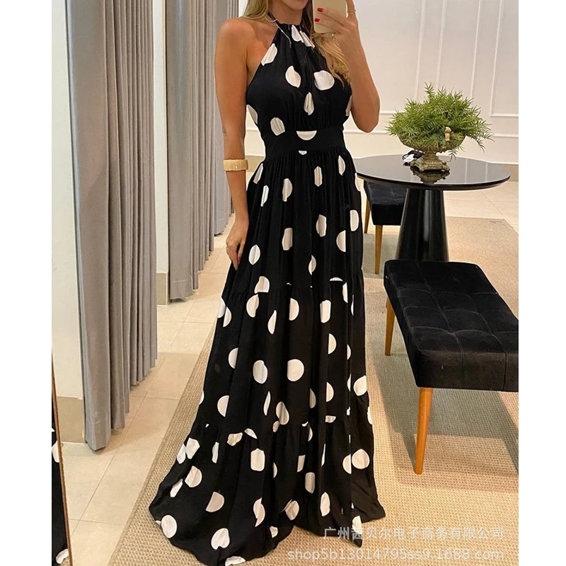Mandylandy Dress Summer Sexy High Waist Sleeveless Halter Backless Spaghetti Strap Dress Women's Casual Dotted Prints Slim Dress 
Mandylandy Dress Summer Sexy High Waist Sleeveless Halter Backless Spaghetti Strap Dress Women's Casual Dotted Prints Slim Dress