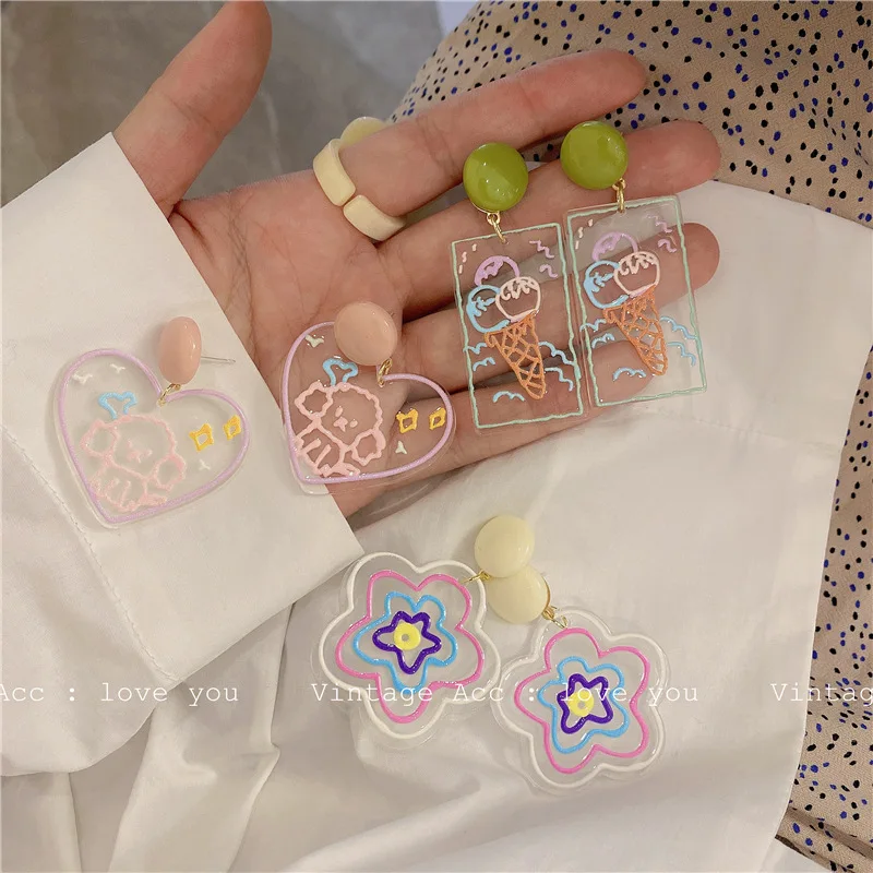 New Cute Earrings Acrylic Flower Heart Painting Dangle Earrings For Women Sweet Fashion Jewelry Geometric Colorful Hoop Earings
New Cute Earrings Acrylic Flower Heart Painting Dangle Earrings For Women Sweet Fashion Jewelry Geometric Colorful Hoop Earings