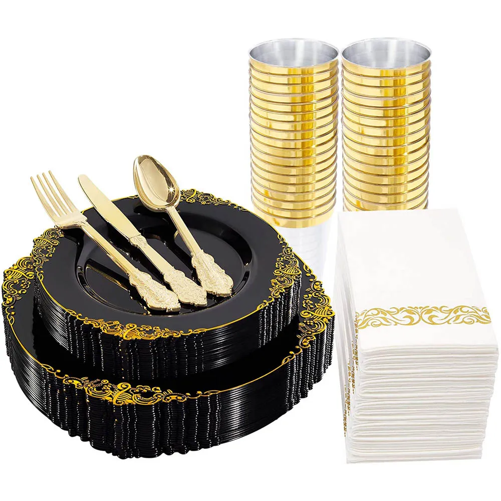 175 Piece Disposable Cutlery Set Black Plastic Tray With Golden Border and Golden Silver Cutlery Wedding Birthday Party Supplies
175 Piece Disposable Cutlery Set Black Plastic Tray With Golden Border and Golden Silver Cutlery Wedding Birthday Party Supplies