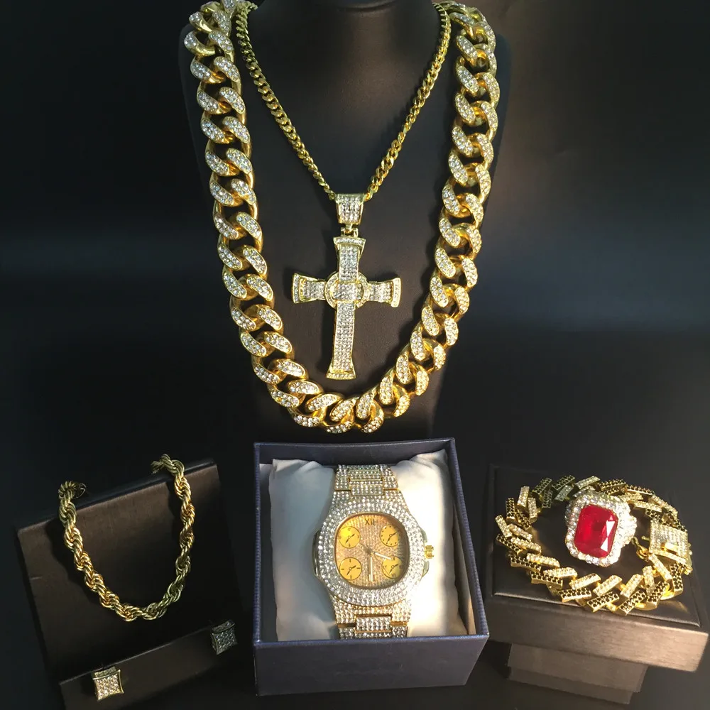 Luxury Men Gold Color Watch & Necklace & Bracelet & Ring & Earrings Combo Ice Out Cuban Rapper Crystal Miami Necklace For Men
Luxury Men Gold Color Watch & Necklace & Bracelet & Ring & Earrings Combo Ice Out Cuban Rapper Crystal Miami Necklace For Men