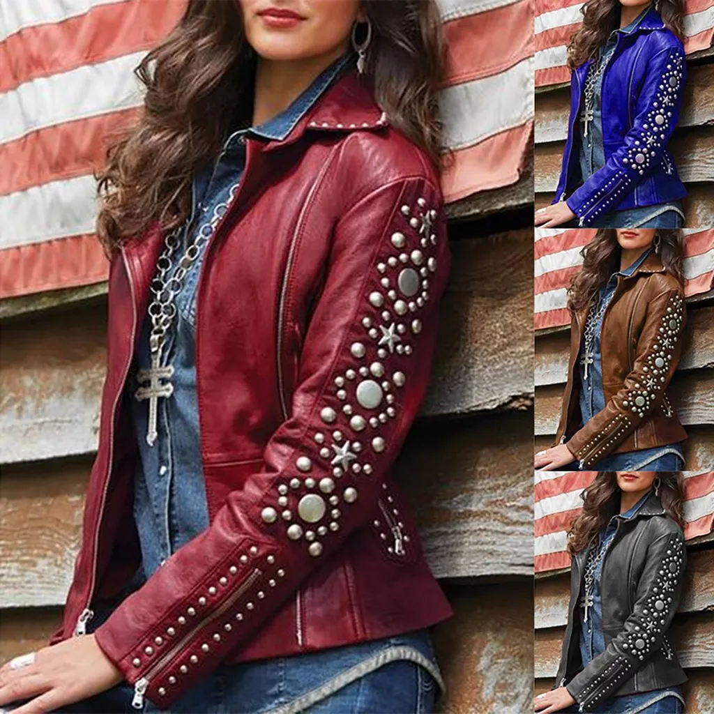 Womens Ladies Jacket Autumn Winter leather Solid Lapel Zip Jacket Long Sleeve Coat Studs Short Moto Biker Coat Outerwear #40
Womens Ladies Jacket Autumn Winter leather Solid Lapel Zip Jacket Long Sleeve Coat Studs Short Moto Biker Coat Outerwear #40