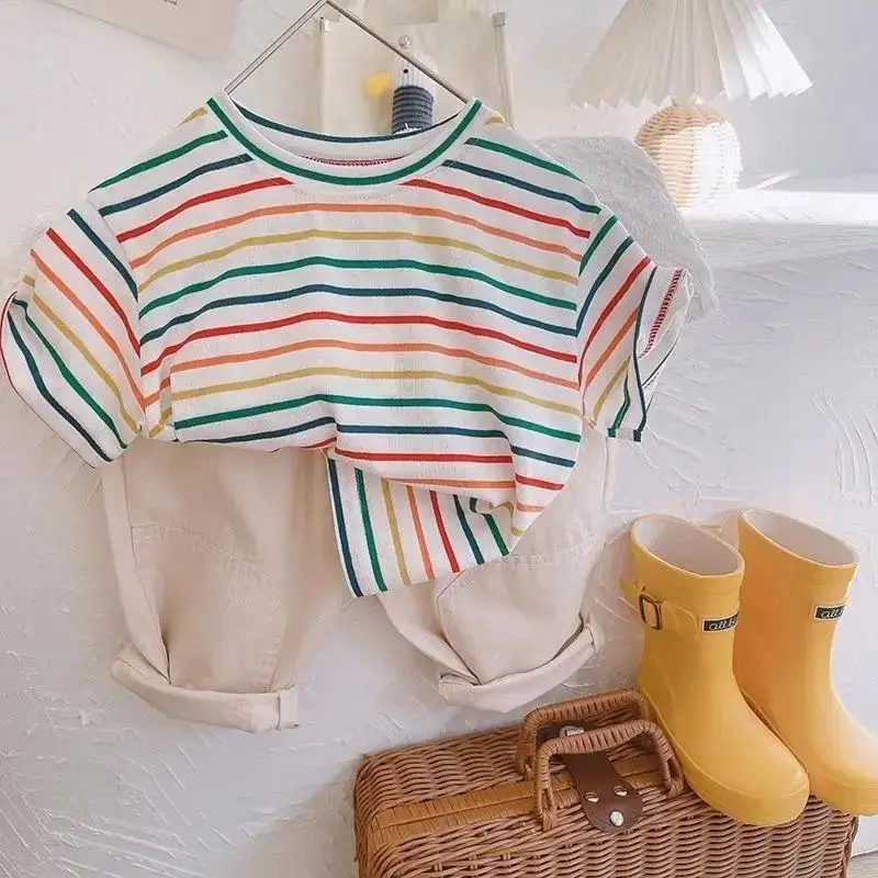 Summer 2-6T Children'S Birthday Clothing Rainbow Striped Print Short Sleeve Basic Tops Cartoon T Shirt For Kids Boy 2021
Summer 2-6T Children'S Birthday Clothing Rainbow Striped Print Short Sleeve Basic Tops Cartoon T Shirt For Kids Boy 2021