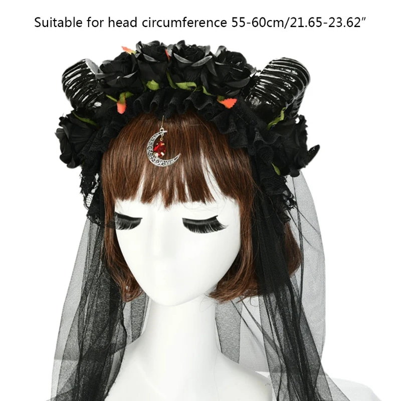 Halloween Lolita Cosplay Headband Sheep Horn Black Rose Flower Crown Hair Hoop Long Mesh Veil Moon Pendant Headpiece
Halloween Lolita Cosplay Headband Sheep Horn Black Rose Flower Crown Hair Hoop Long Mesh Veil Moon Pendant Headpiece