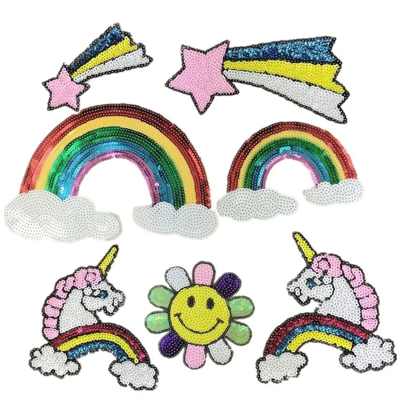 20pcs/lot Sequins Embroidery Patches Unicorn Rainbow Sunflower Star Clothing Decoration Backpack Iron Heat Transfer Applique
20pcs/lot Sequins Embroidery Patches Unicorn Rainbow Sunflower Star Clothing Decoration Backpack Iron Heat Transfer Applique