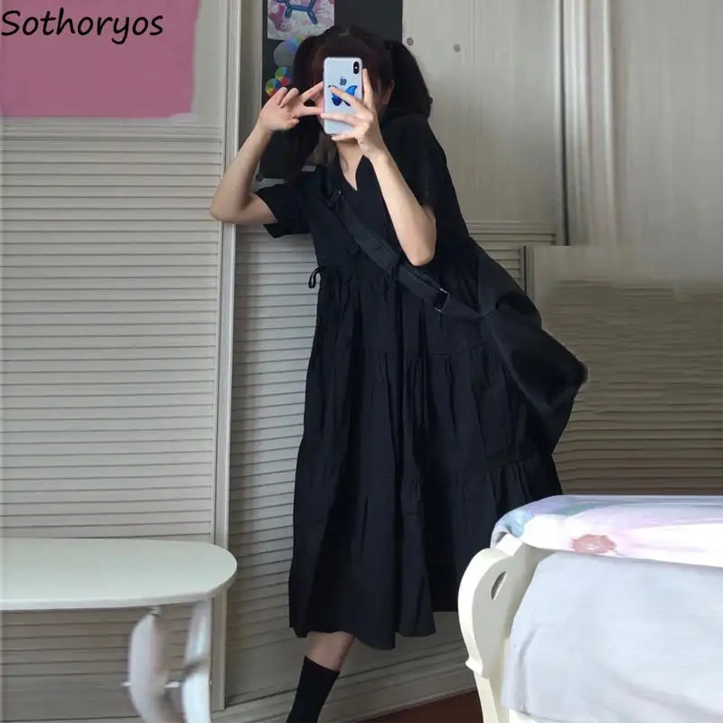 Short Sleeve Dress Women Simple Solid Baleck Sweet V-neck Lace-up Sashes Slim Harajuku Preppy Style Chic Mid-calf A-line Student
Short Sleeve Dress Women Simple Solid Baleck Sweet V-neck Lace-up Sashes Slim Harajuku Preppy Style Chic Mid-calf A-line Student
