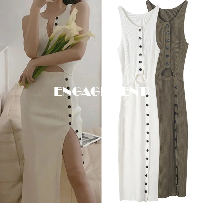 Женское трикотажное платье с круглым вырезом, длинным пуговицами и разрезом 
Женское трикотажное платье с круглым вырезом, длинным пуговицами и разрезом