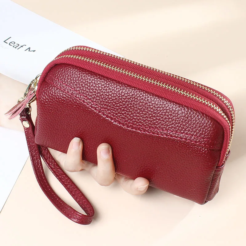 

MJ Genuine Leather Women Wallets High Quality Female Double Zipper Clutch Purse Wristlet Money Purses Phone Bag with Wrist Strap