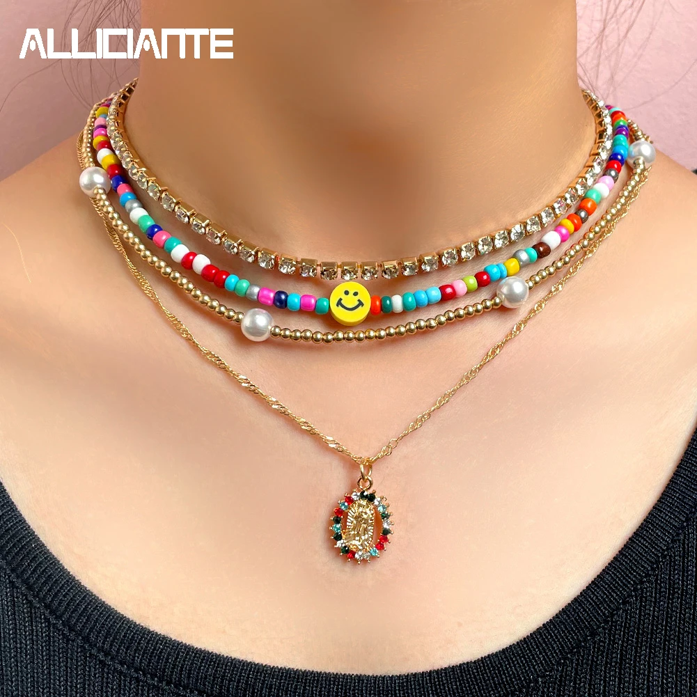 4 Pcs Multilayer Smiley Rainbow Beaded Choker Necklace For Women Crystal Clavicle Chain Portrait Pendant Necklaces Party Jewelry
4 Pcs Multilayer Smiley Rainbow Beaded Choker Necklace For Women Crystal Clavicle Chain Portrait Pendant Necklaces Party Jewelry