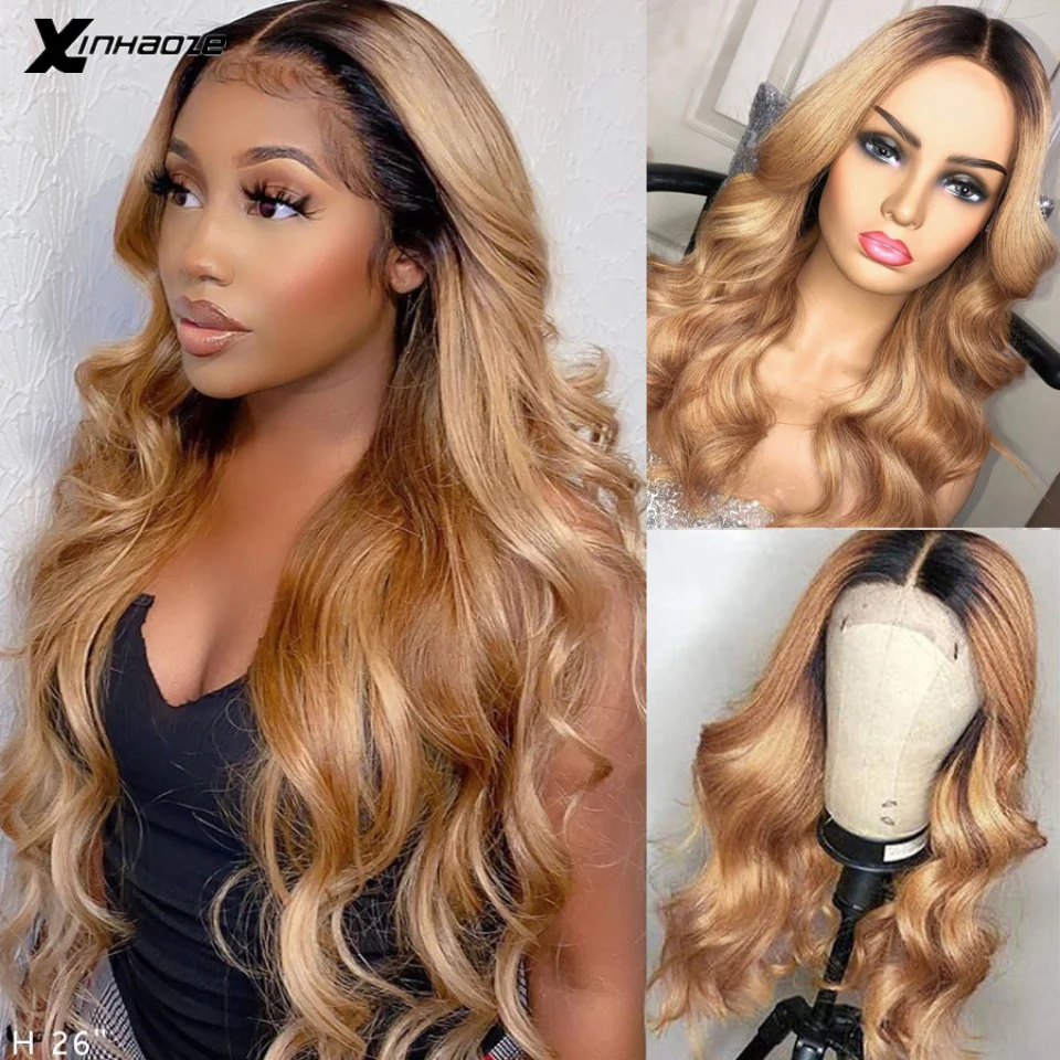 

1B/27 Ombre Color Honey Blonde Lace Frontal Wig Brazilian Body Wave Remy 13x4 V Part Lace Front Wigs Pre Plucked Bleached Knots