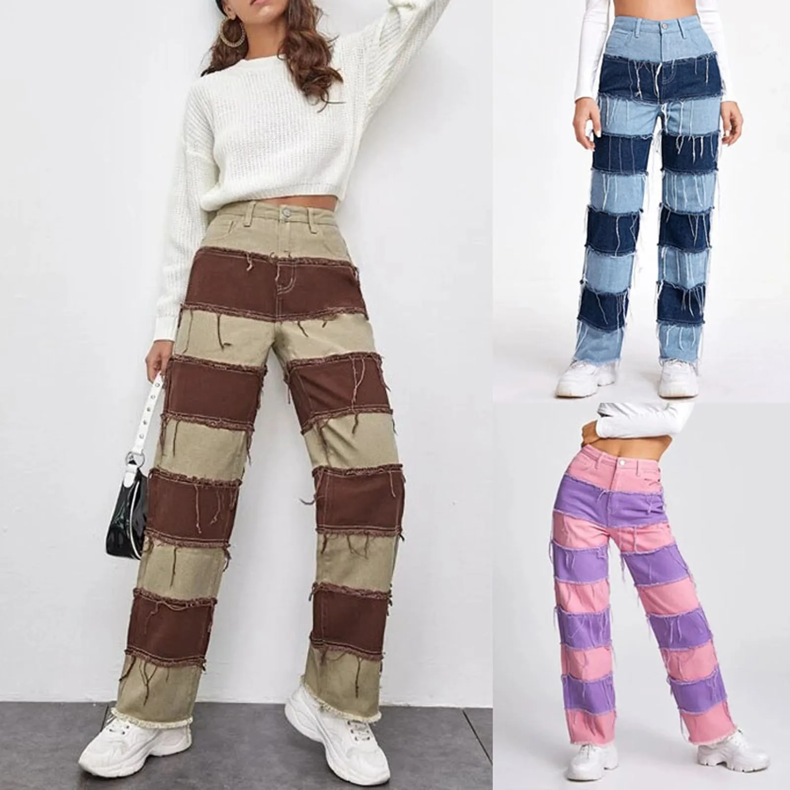 Модные женские брюки с высокой талией, прямые брюки, джинсы контрастных цветов в полоску, универсальные уличные брюки, новинка 2021 
Модные женские брюки с высокой талией, прямые брюки, джинсы контрастных цветов в полоску, универсальные уличные брюки, новинка 2021