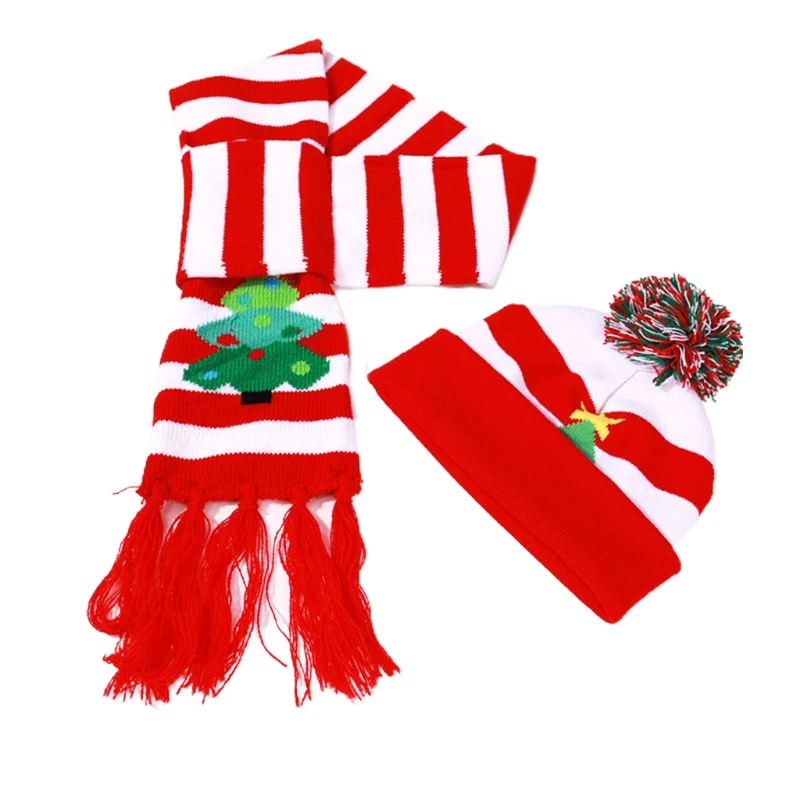 

Kids Christmas 2 Pieces Pompom Beanie Hat Tassels Long Scarf Set Contrast Color Striped Knitted Skull Cap Neck Warmer