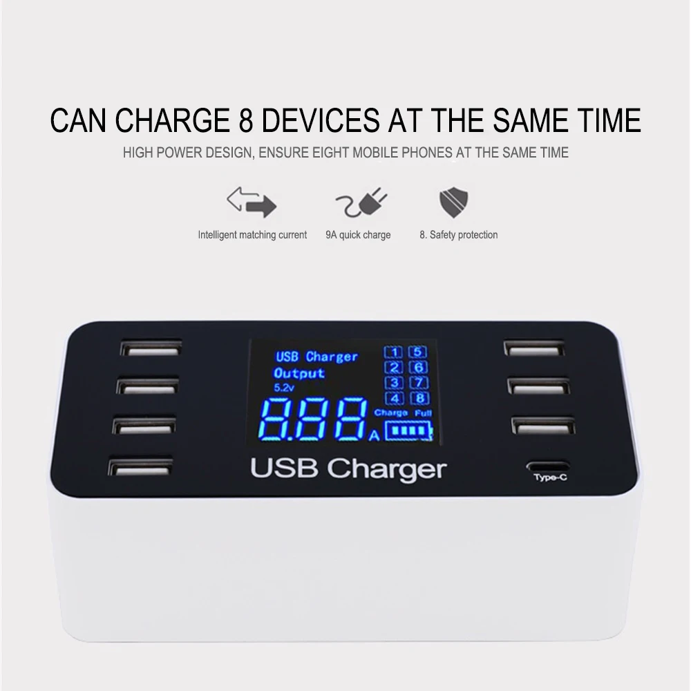 Universal 7 Port USB +1 Type C 5V 8A Socket Charger Voltage Current LCD Display for Smart Mobile Phone Tablet EU/US/UK Plug
Universal 7 Port USB +1 Type C 5V 8A Socket Charger Voltage Current LCD Display for Smart Mobile Phone Tablet EU/US/UK Plug