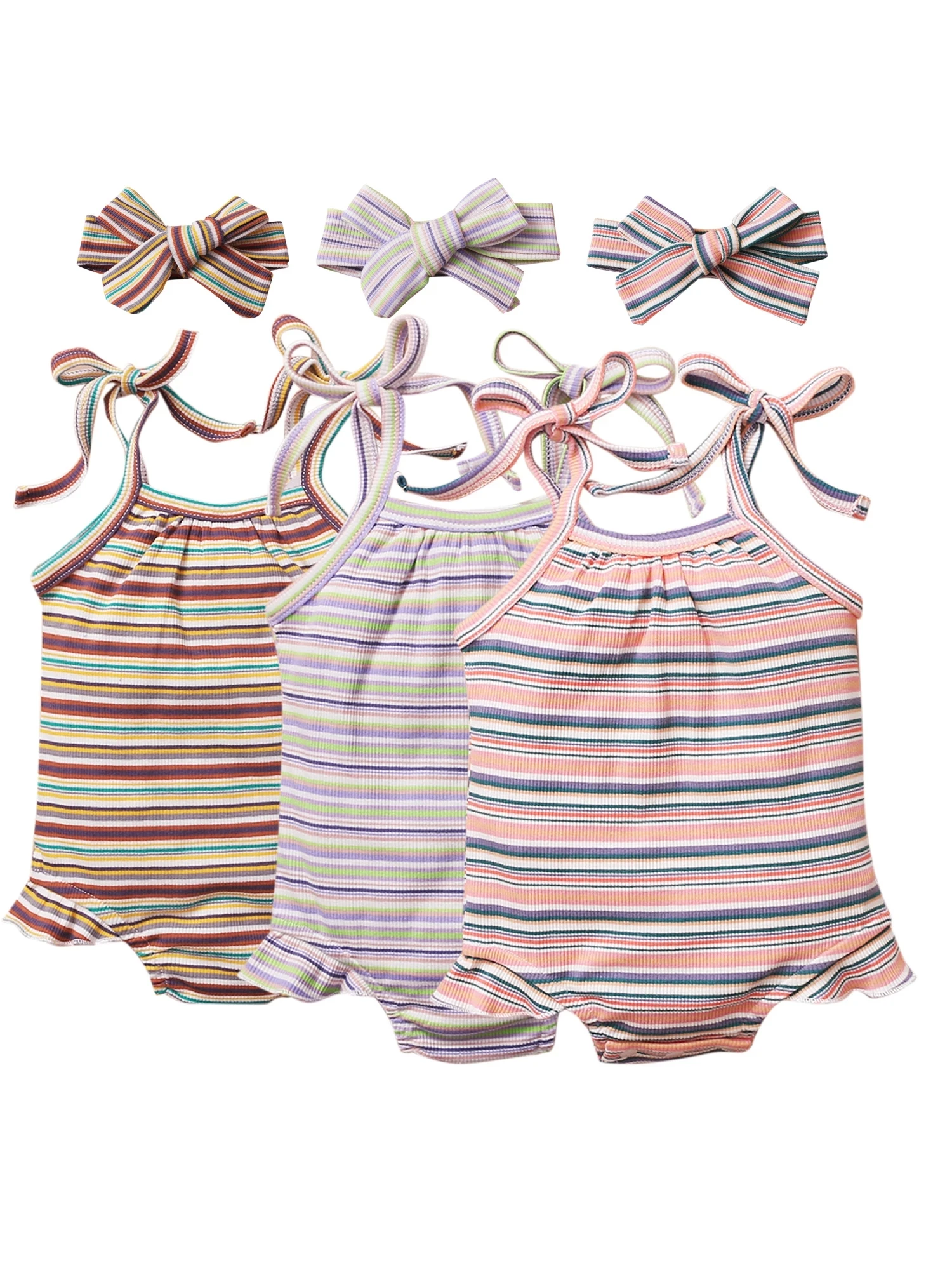 New 2Pcs Toddler Summer Outfits Multicolor Stripes Tied Spaghetti Strap Romper + Bowknot Headband for Baby Girls
New 2Pcs Toddler Summer Outfits Multicolor Stripes Tied Spaghetti Strap Romper + Bowknot Headband for Baby Girls