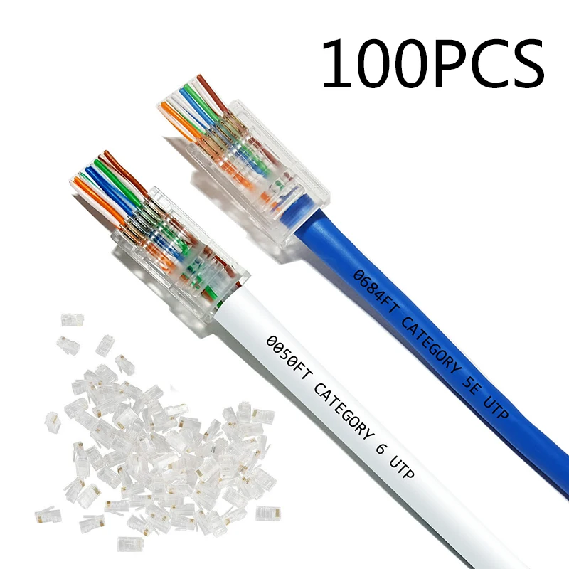 

2021 Новый 50 шт./100 шт. CAT5E CAT6 разъем RJ45 разъем сетевой Кабель модульный 8P8C концевой проходной разъем RJ45