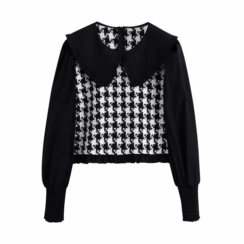 New Women Autumn Fashion Patchwork Plaid Za Short Blouse Female Fashion Peter pan Collar Long Puff Sleeve Shirts blusas mujer
New Women Autumn Fashion Patchwork Plaid Za Short Blouse Female Fashion Peter pan Collar Long Puff Sleeve Shirts blusas mujer
