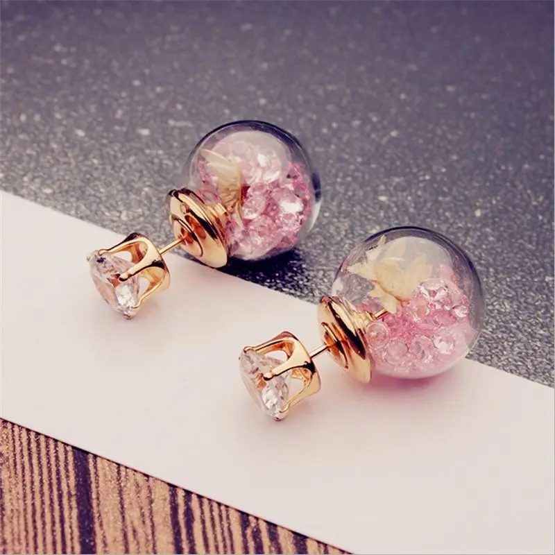 

1Pair Cute Women Girls Elegant Exquisite Ear Stud Zircon Crystal Three Rose Flowers Glass Ball Double Sides Earrings Hot