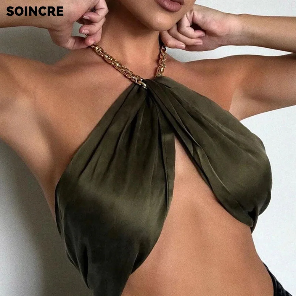 2021 Solid Color Short Ladies Blouse with Metal Chain Sexy Wrapped Chest Straps Irregular Folds Halterneck Slim-fit One-neck Top
2021 Solid Color Short Ladies Blouse with Metal Chain Sexy Wrapped Chest Straps Irregular Folds Halterneck Slim-fit One-neck Top