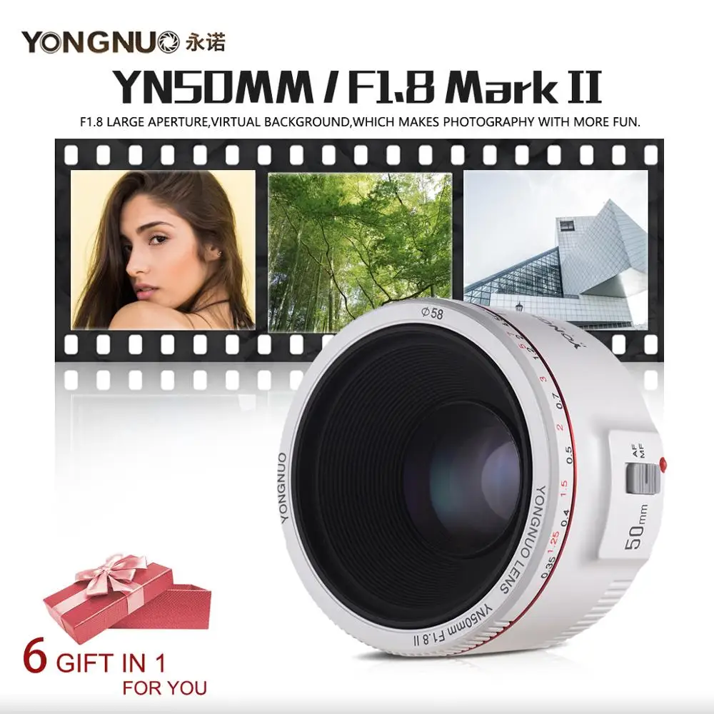 Объектив YONGNUO YN50mm F1.8 II с большой апертурой и автофокусом белый для Canon эффектом