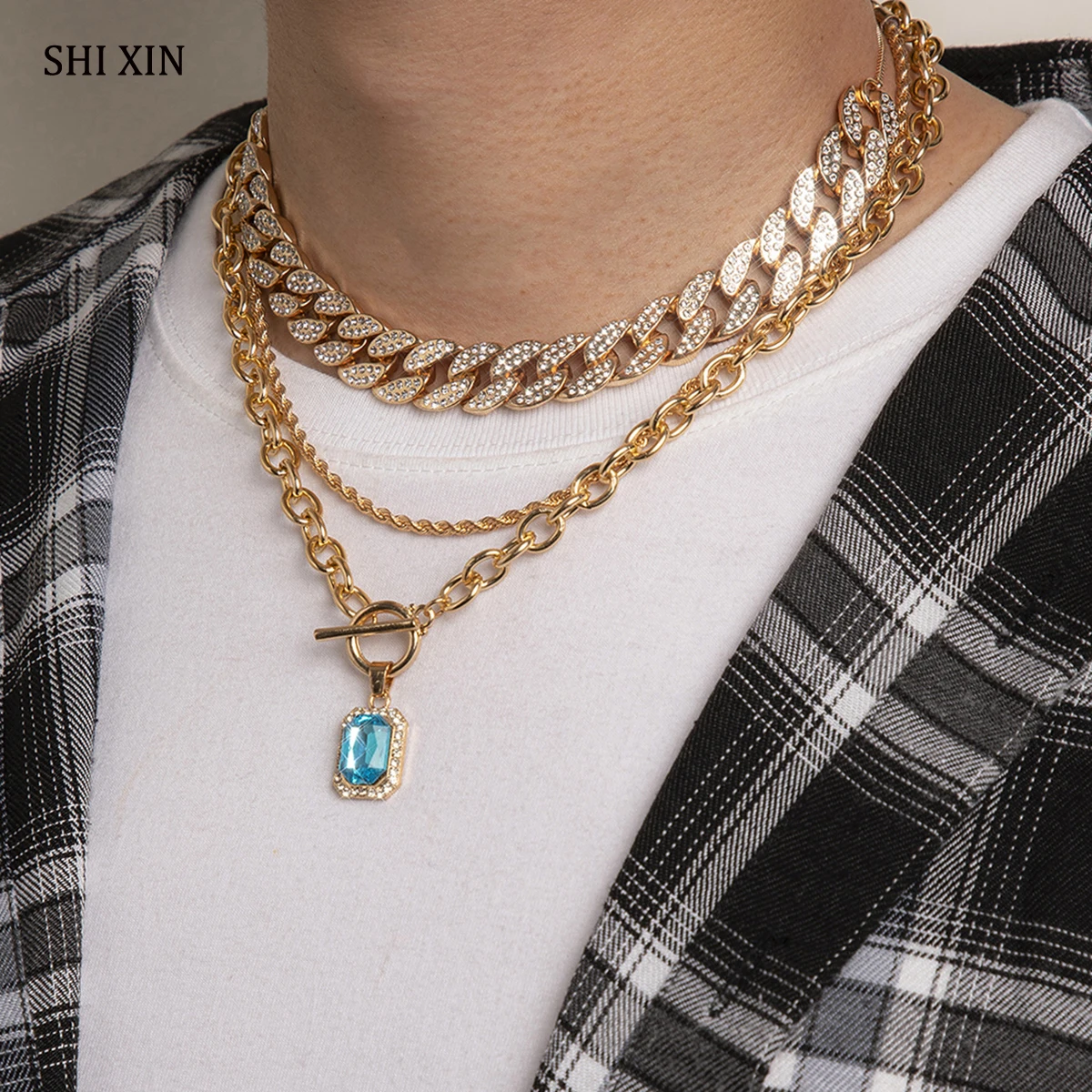 SHIXIN 3 Pcs/Set Punk Hip Hop Cuban Link Chain Necklaces on the Neck Rhinestone/Blue Gem Choker Necklaces for Women/Men Jewelry
SHIXIN 3 Pcs/Set Punk Hip Hop Cuban Link Chain Necklaces on the Neck Rhinestone/Blue Gem Choker Necklaces for Women/Men Jewelry