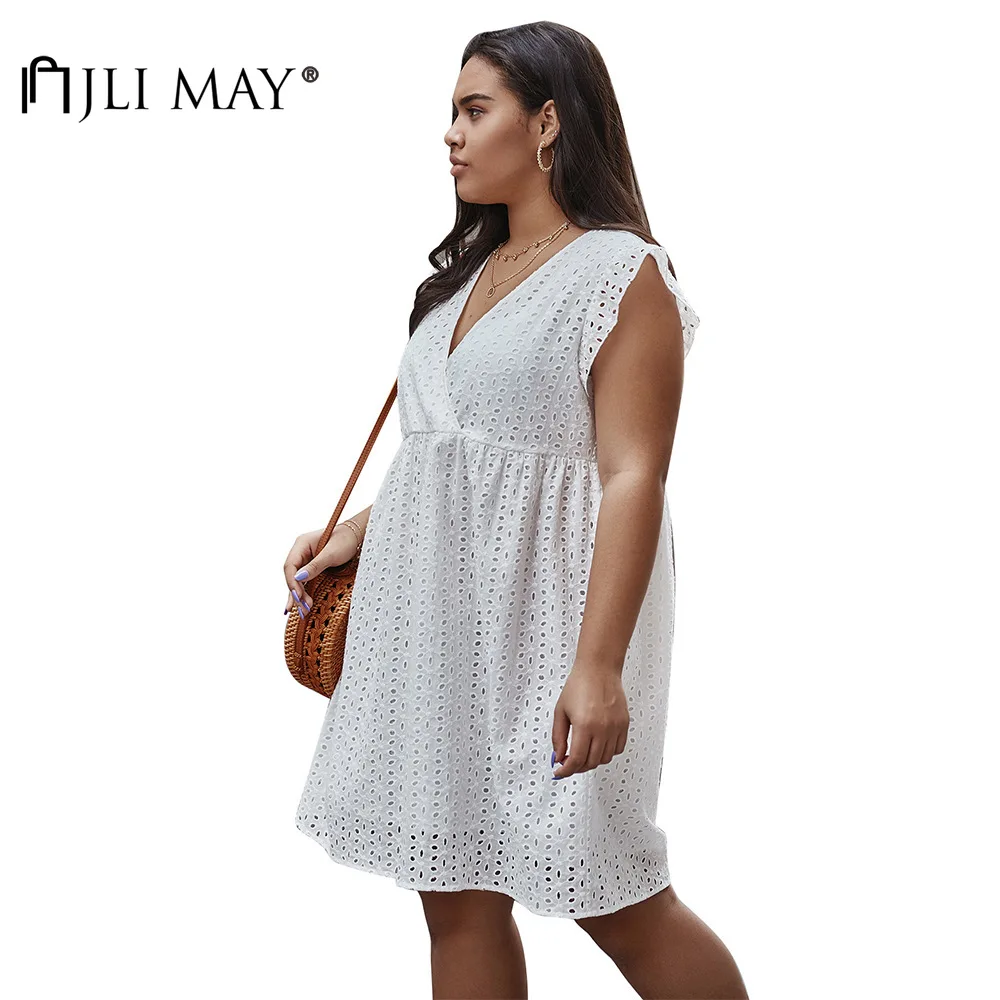JLI MAY Women Dress Cotton Soild V-Neck Butterfly Sleeve High Waist Summer A-Line Loose Hollow Out Mini Dresses Plus Size
JLI MAY Women Dress Cotton Soild V-Neck Butterfly Sleeve High Waist Summer A-Line Loose Hollow Out Mini Dresses Plus Size