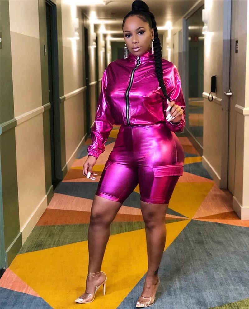 PU Leather Women Stretchy Two Piece Set Tracksuit Long Sleeve Zipper Jacket Top Pockets Shorts Fashion Sexy Shorts Suits Outfits
PU Leather Women Stretchy Two Piece Set Tracksuit Long Sleeve Zipper Jacket Top Pockets Shorts Fashion Sexy Shorts Suits Outfits