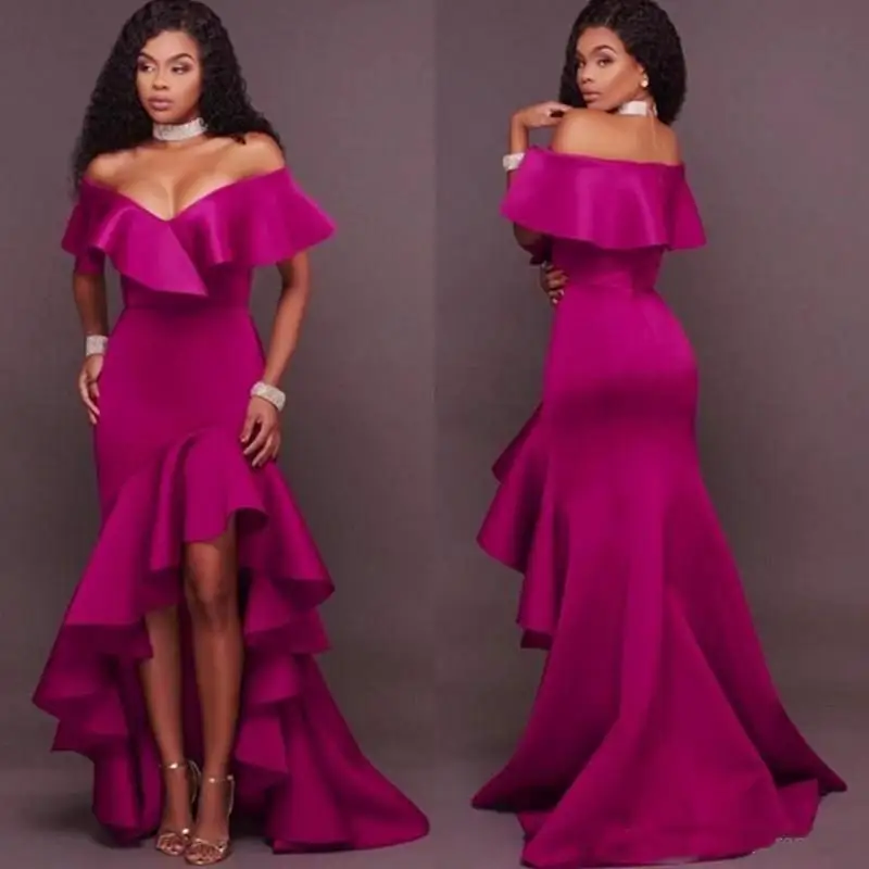 Dark Fushia Prom Dresses Mermaid South African Off The Shoulder Evening Gowns High Low Ruffles Plus Formal Party Dress Cheap
Dark Fushia Prom Dresses Mermaid South African Off The Shoulder Evening Gowns High Low Ruffles Plus Formal Party Dress Cheap