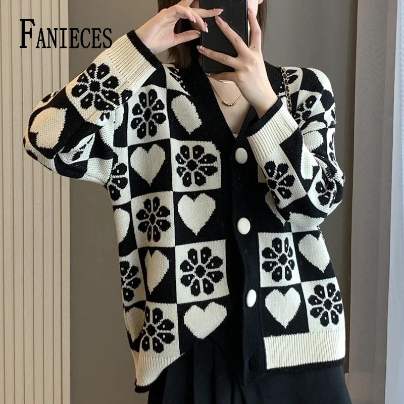 FANIECES V Neck Autumn Print Cardigan Sweater Women Single-breasted Long Sleeve Loose Winter Knitted Jumper Casual Female Tops
FANIECES V Neck Autumn Print Cardigan Sweater Women Single-breasted Long Sleeve Loose Winter Knitted Jumper Casual Female Tops