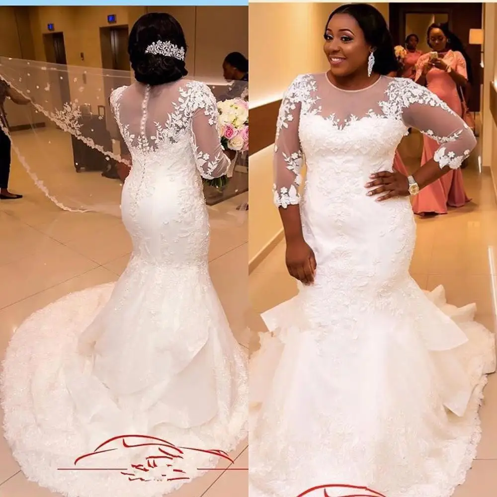 2020 Africa Plus Size Mermaid Wedding Dresses Jewel 3/4 Long Sleeve Sweep Train Illusion Appliques Beaded Chapel Country bridal
2020 Africa Plus Size Mermaid Wedding Dresses Jewel 3/4 Long Sleeve Sweep Train Illusion Appliques Beaded Chapel Country bridal