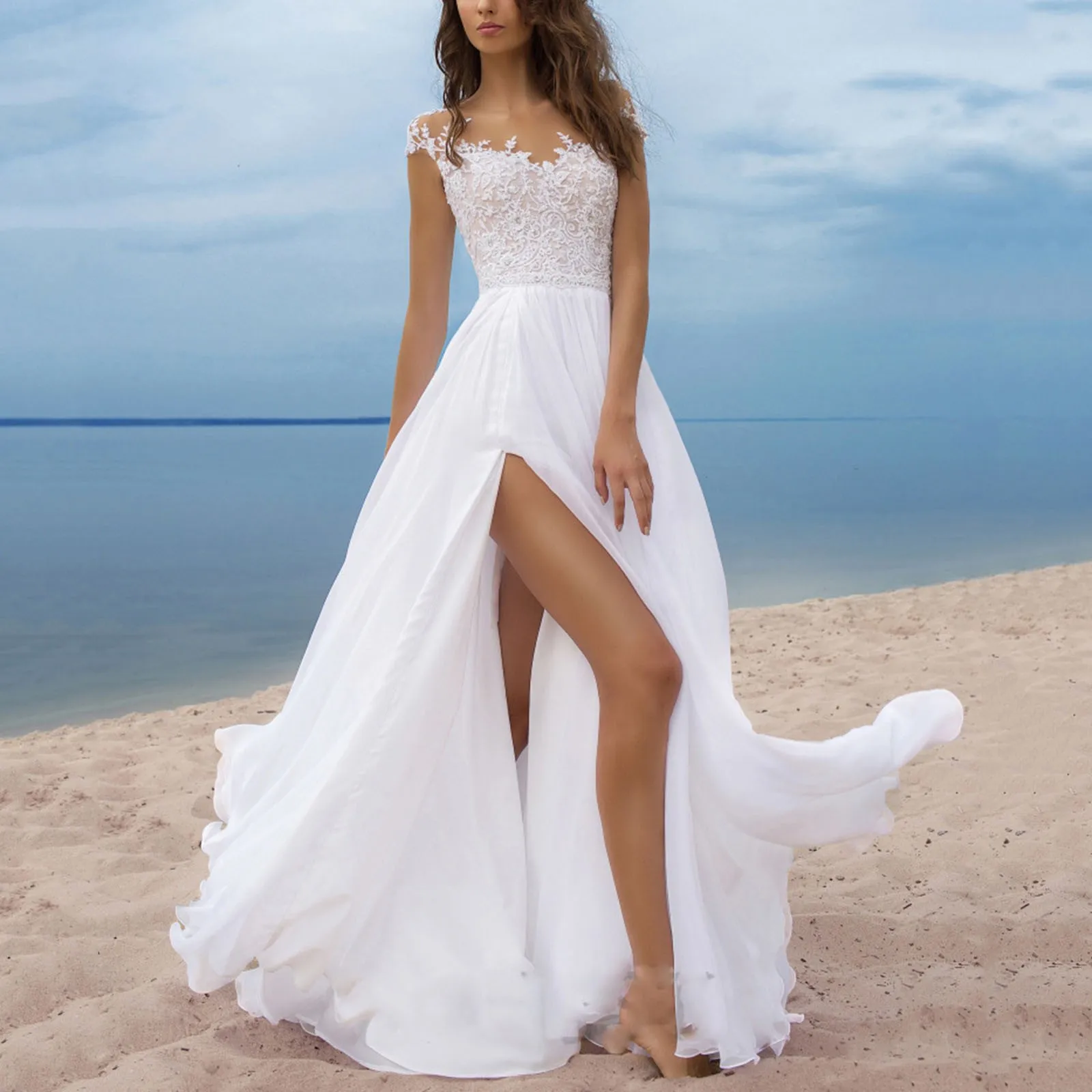 Женское длинное вечернее платье Элегантное Белое Кружевное Платье макси с