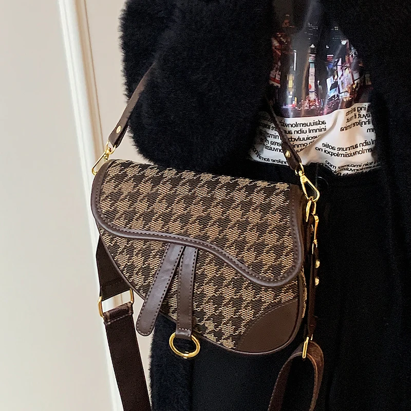 

Vintage Houndstooth Saddle Handbag Purses for Women Shoulder Crossbody Bags 2023 New Fashion Ladies Messenger Bag High Quality