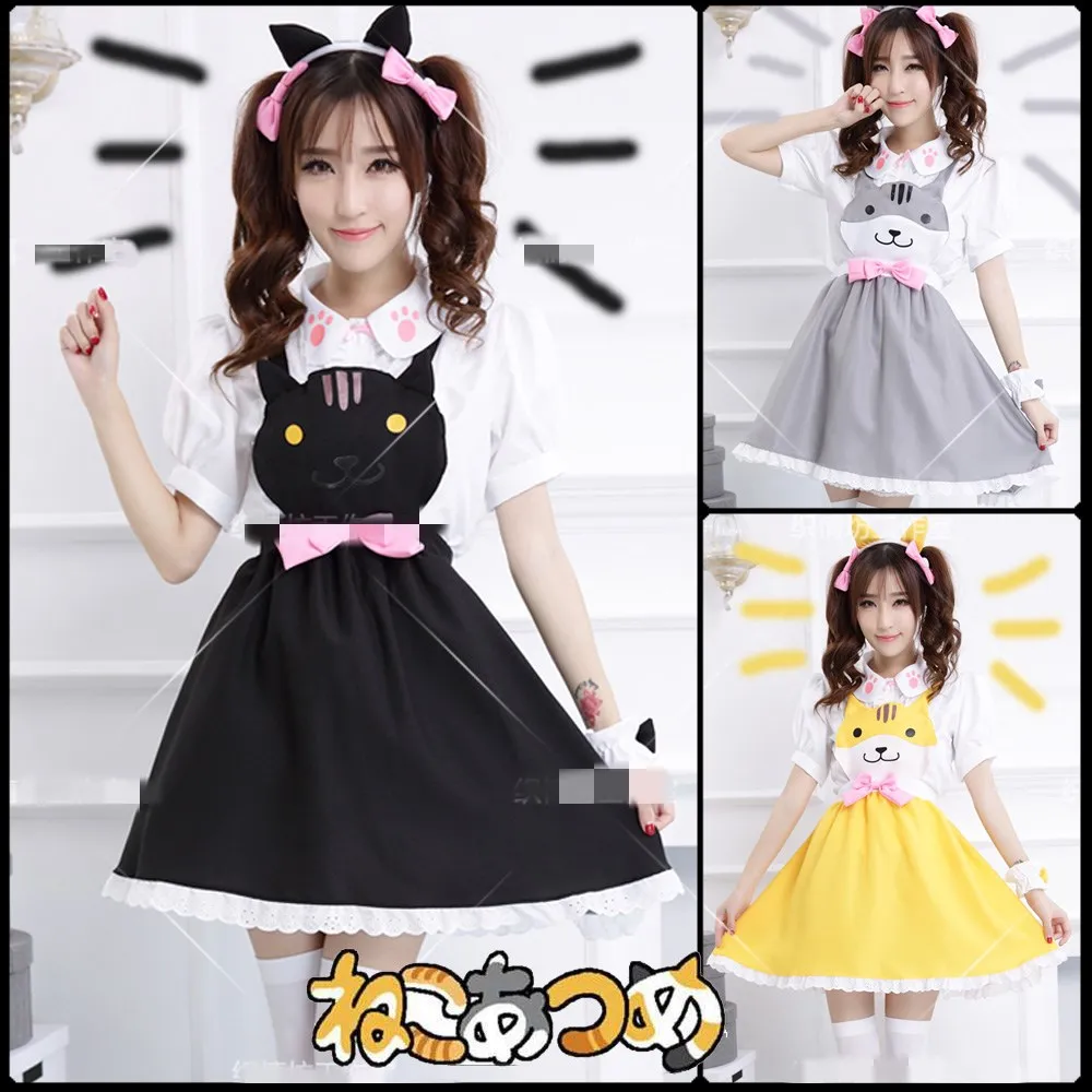 

Anime Cat Backyard Cosplay Costume New Lovely Girls Cat Maid Headwear + Bowknot Clip Headwear*2 + Short Sleeve Shirt + Dress