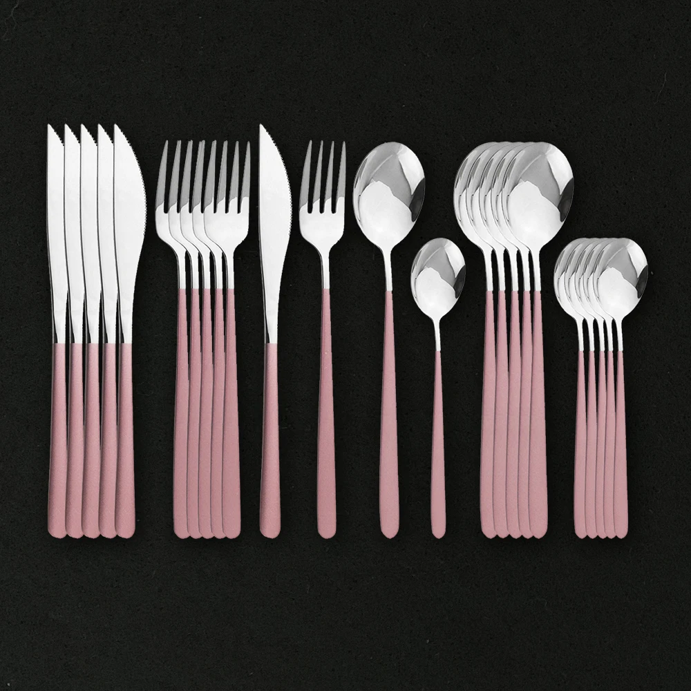 24Pcs Pink Silver 304 Stainless Steel Cutlery Set Fork Spoon Knife Silverware Tableware Dinnerware Flatware Set Dishwasher Safe
24Pcs Pink Silver 304 Stainless Steel Cutlery Set Fork Spoon Knife Silverware Tableware Dinnerware Flatware Set Dishwasher Safe