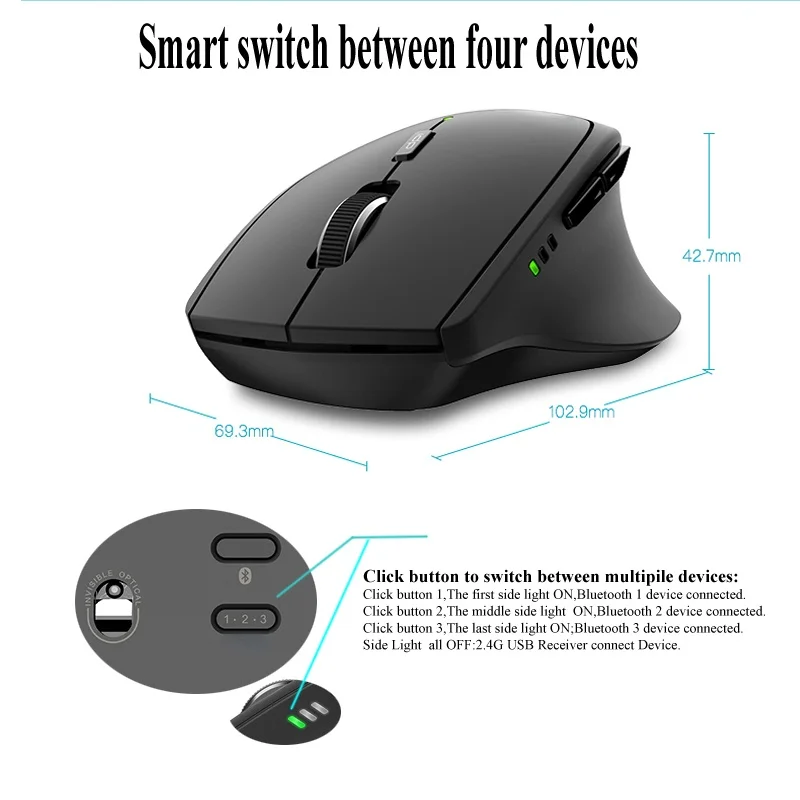 Multi-mode Wireless Mouse Bluetooth 3.0/4.0 And 2.4G Switch For Four Devices Connection Computer Gaming Mouse
Multi-mode Wireless Mouse Bluetooth 3.0/4.0 And 2.4G Switch For Four Devices Connection Computer Gaming Mouse