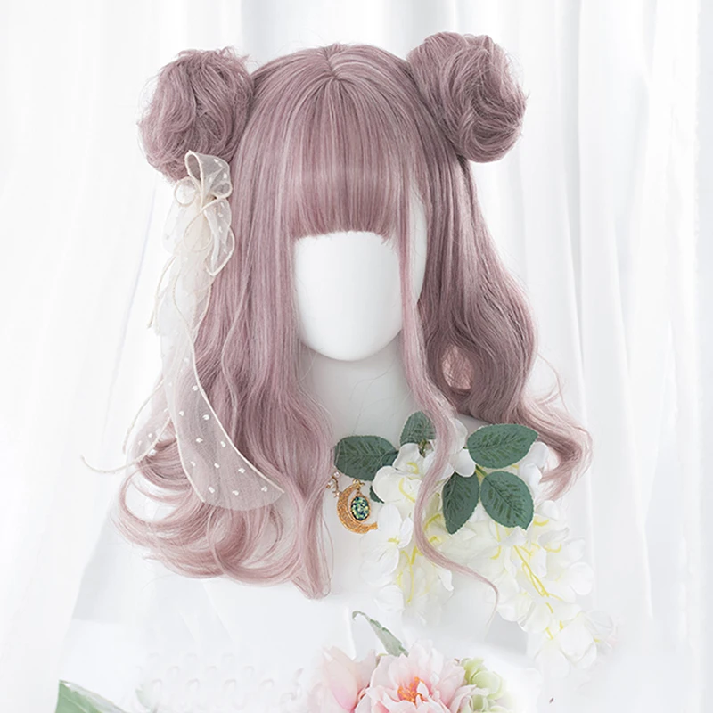 

CosplayMix Lolita Anime Cosplay Wig 40CM Medium Wavy Ash Pink Bangs Ombre With Buns Japan Cute Halloween Synthetic+ Free Cap