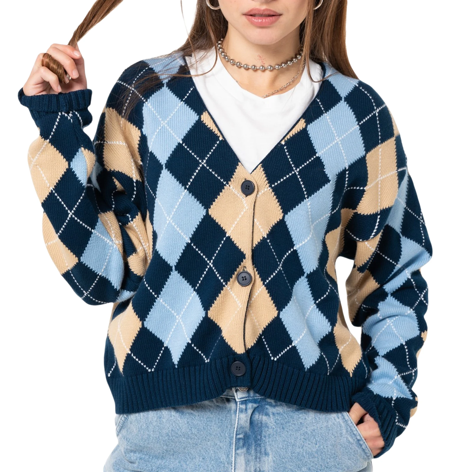 Fashion Women Color Block Loose Sweater Coat Button-down Argyle Print Long Sleeve Button V-neck Knit Cardigan 
Fashion Women Color Block Loose Sweater Coat Button-down Argyle Print Long Sleeve Button V-neck Knit Cardigan