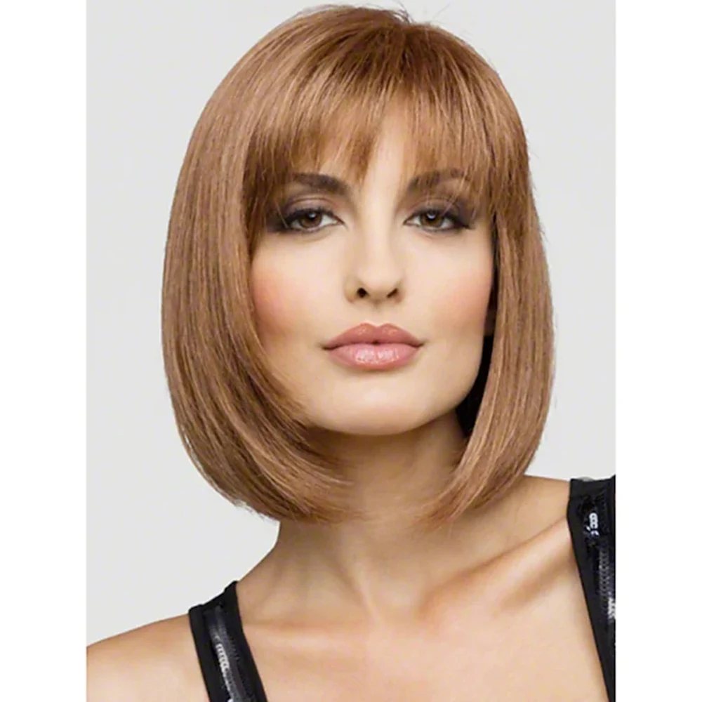 

Human Hair Blend Wig Short Straight Bob Short Hairstyles Straight With Bangs Capless Women's Blonde Brown 12 inch