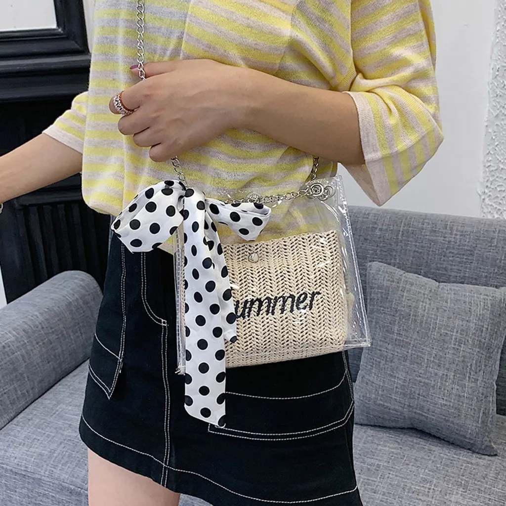 Summer Straw Bag Beach Travel Transparent Composite Bag Clear Shoulder Messager Bag With Sik Scarf Elegant Chain Pvc Bucket Bags
Summer Straw Bag Beach Travel Transparent Composite Bag Clear Shoulder Messager Bag With Sik Scarf Elegant Chain Pvc Bucket Bags