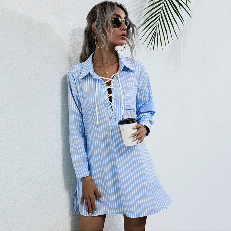 New Arrival Striped Print Loose Dresses For Women All-Match Fashion Office Lady Lace-Up Shirt Dress Women Spring Summer 2021 
New Arrival Striped Print Loose Dresses For Women All-Match Fashion Office Lady Lace-Up Shirt Dress Women Spring Summer 2021