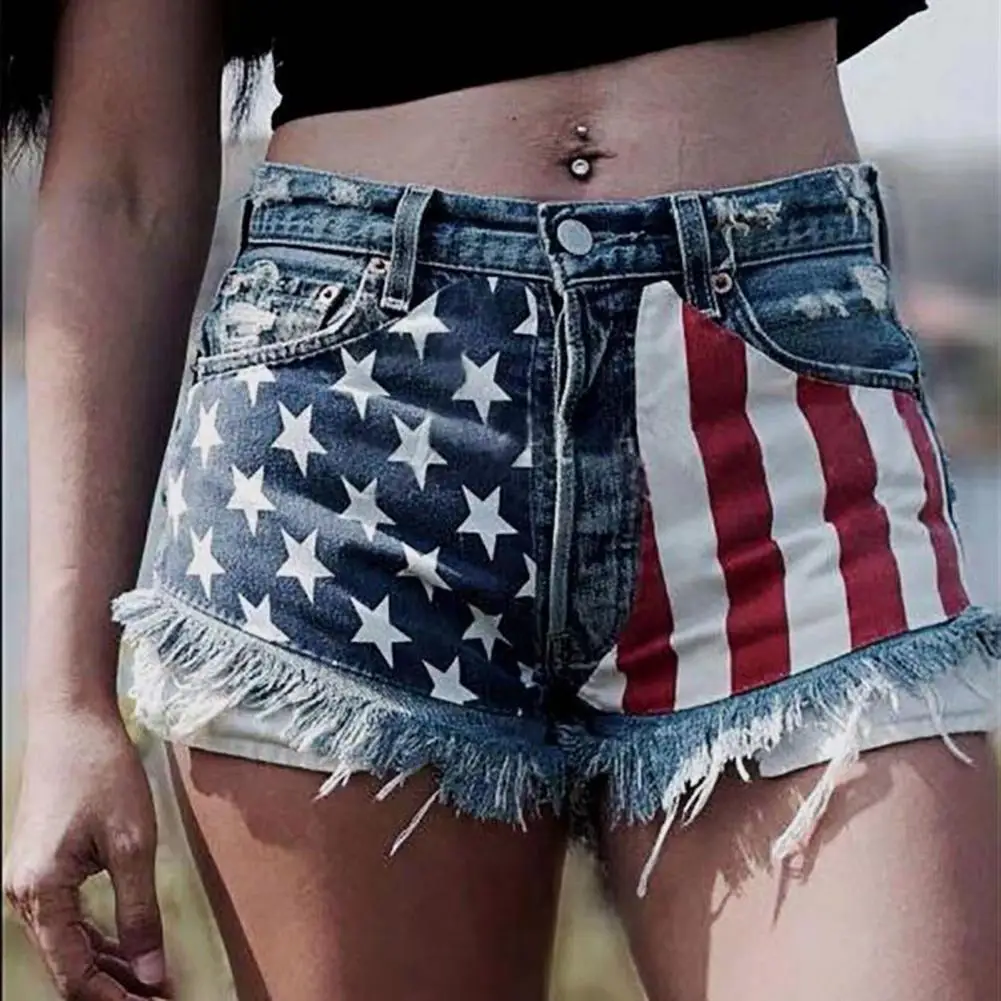 

Women High Waist American Flag Print Tassels Pockets Holes Denim Shorts Clubwear for Daily Life Denim Pole Hot Hole Short Pants