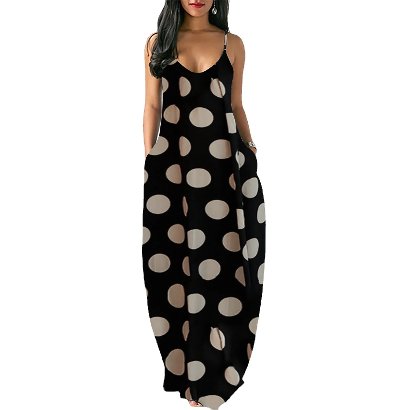 Женское длинное платье в горошек, повседневное свободное платье большого размера с глубоким V-образным вырезом, в богемном стиле на бретеля... 
Женское длинное платье в горошек, повседневное свободное платье большого размера с глубоким V-образным вырезом, в богемном стиле на бретеля...