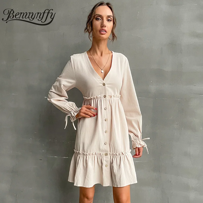 Benuynffy V-neck Solid Frill Trim Button Women Dresses 2021 Autumn Casual Long Sleeve Ruffle Hem Dress Vestidos Female Clothes
Benuynffy V-neck Solid Frill Trim Button Women Dresses 2021 Autumn Casual Long Sleeve Ruffle Hem Dress Vestidos Female Clothes