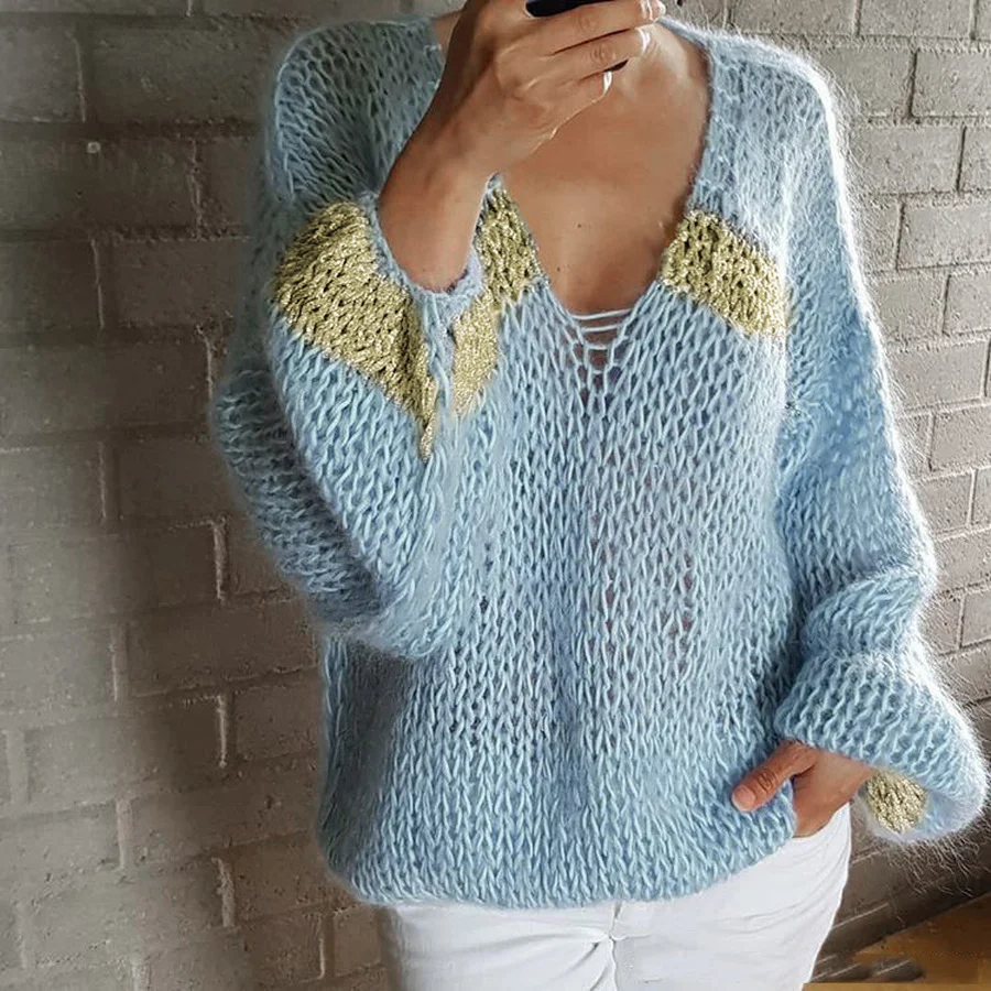 Womens Casual Gold Silk Knitted Sweater Solid Color V-neck Long Sleeves All-match Soft Harajuku Sweaters Pullover Fall Clothes
Womens Casual Gold Silk Knitted Sweater Solid Color V-neck Long Sleeves All-match Soft Harajuku Sweaters Pullover Fall Clothes