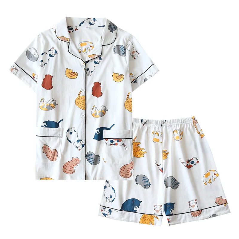 New 100% cotton short-sleeved shorts ladies pajamas set cute cartoon pajamas Japanese simple short pajamas women home service
New 100% cotton short-sleeved shorts ladies pajamas set cute cartoon pajamas Japanese simple short pajamas women home service